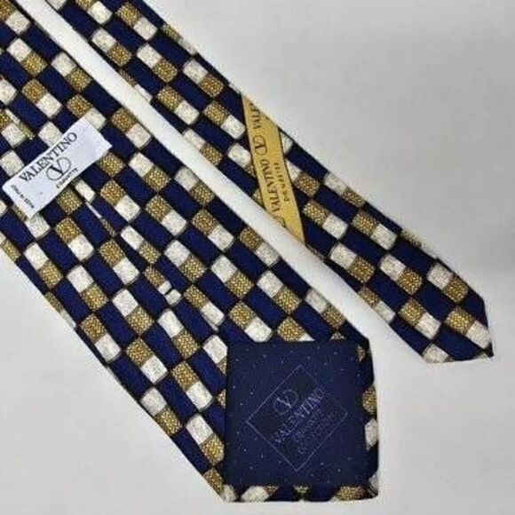 VALENTINO CRAVATTE ITALY SILK TIE BLUE WHITE GOLD GEOMETRIC PATTERN TEXTURED 4" - Picture 2 of 2